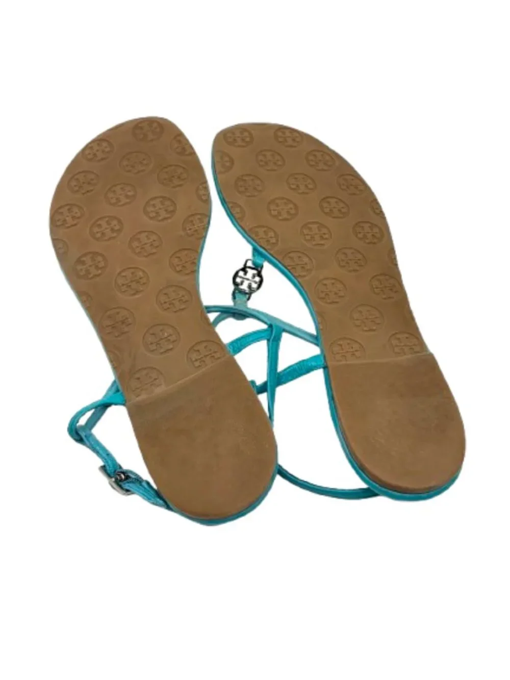 TORY BURCH~Emmy~TURQUOISE BLUE LEATHER GOLD LOGO T-STRAP SANDALS Size 9.5